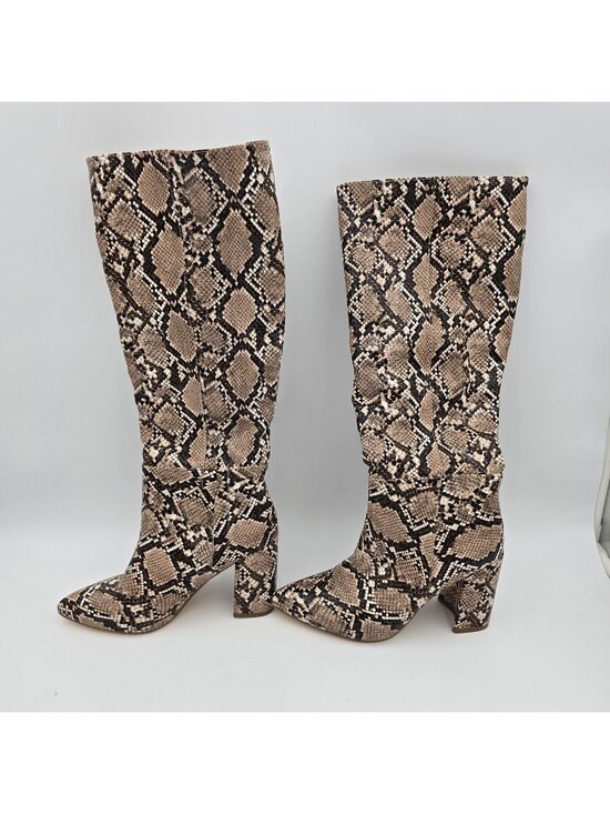 No details listed on tag Shoes - Snake Print Womens Knee-High Boots Size Unknown Brown Faux Leather Block Heel